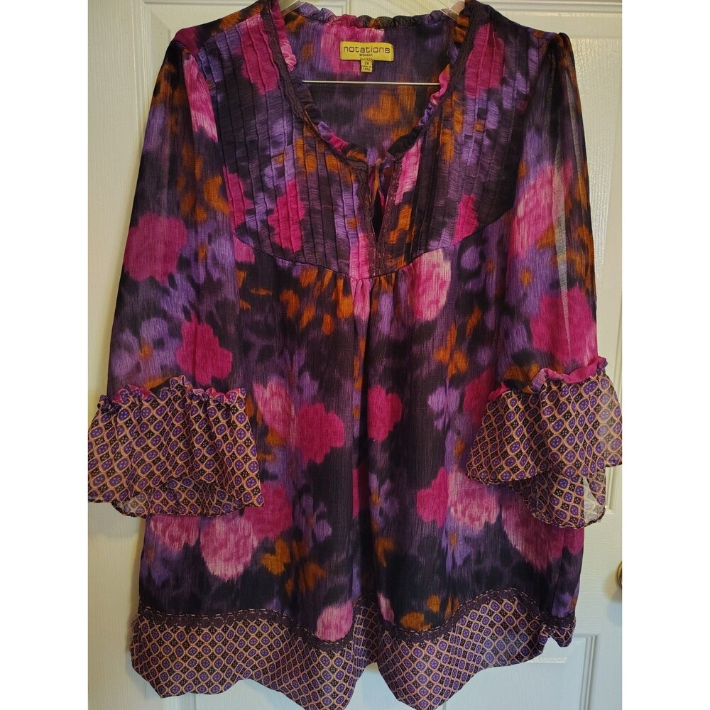 Notations Women’s Plus 3X Purple Floral Sheer Chiffon V-Neck 3/4 Tunic Blouse
